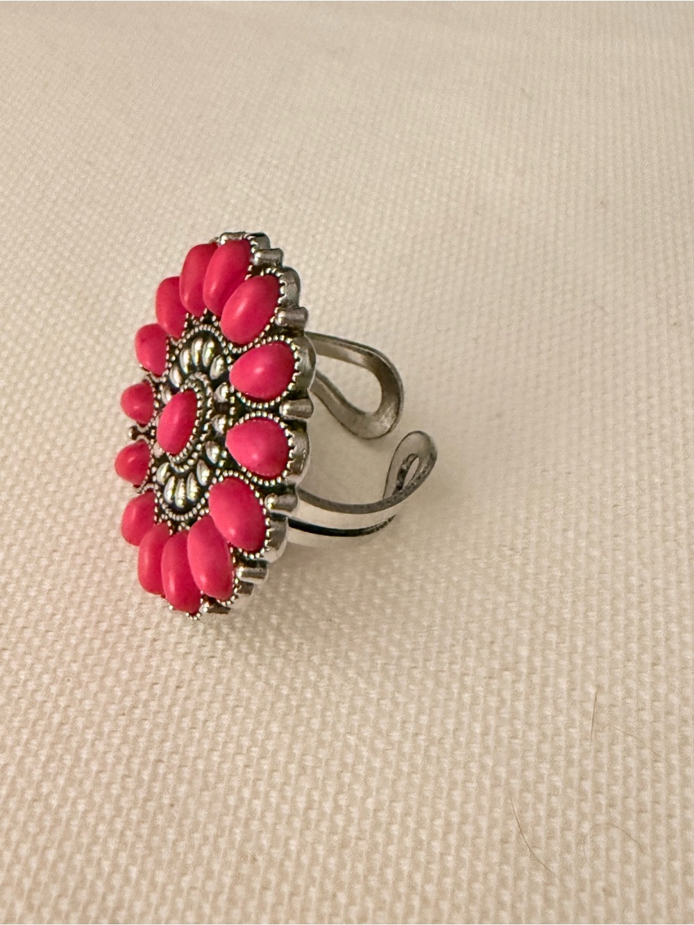 Bold Pink Floral Cluster Ring - Adjustable Silver-Tone Band